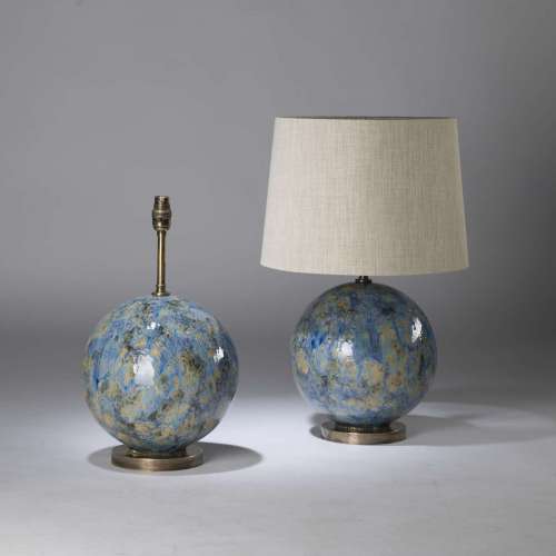 Pair Of Small Blue Drizzle Ceramic 'snowball' Lamps On Antique Brass Bases