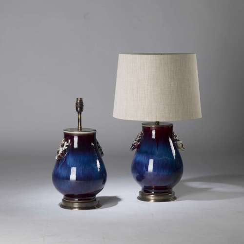 Pair Of Small Blue Purple Berry Ceramic Lamps With Stag Heads On Round Brass Bases