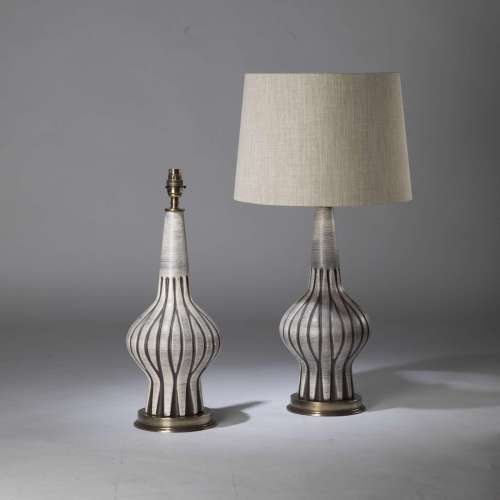 Pair Of Medium White Grey Deco Lamps On Round Distressed Brass Bases