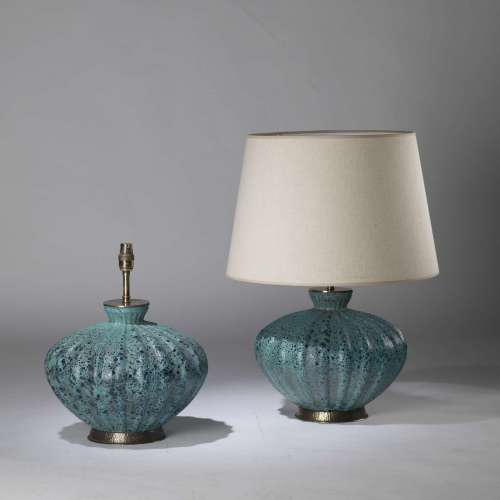 Pair Of Short Large Blue Pleated Textured 'volcano' Glass Lamps On Textured Brass Bases