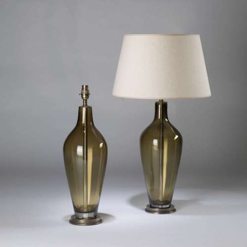 Pair Of Large Amber Brown 'standard' Glass Lamps On Round Antiqued Brass Bases