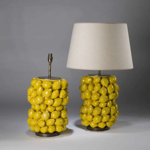 Pair Of Medium Yellow Ceramic 'lemon Citrus' Lamps On Round Antiqued