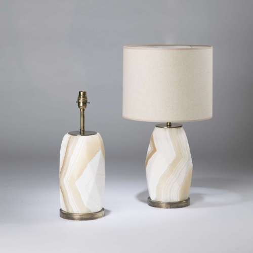 Pair Of Small Geometric Alabaster Lamps On Round Antiqued Brass Bases