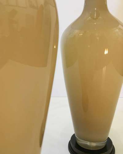 Pair Of Medium Beige Caramel Glass Standard Lamps With Round Brown Bronze Bases