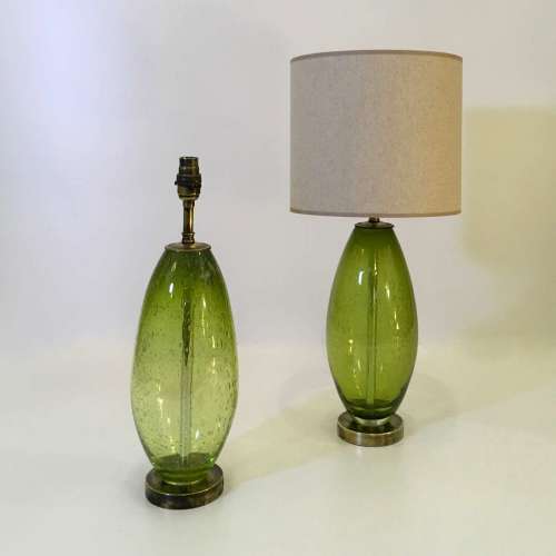 Pair Of Small Green Glass 'almond' Bubble Lamps With Round Antiqued Brass Bases