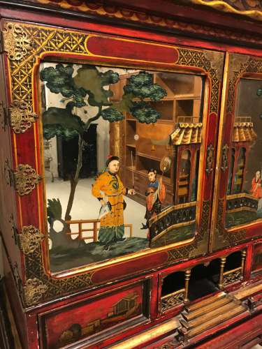 English Chinoiserie Museum Quality Cabinet On Stand With Reverse Painted Mirror Panels Circa 1840
