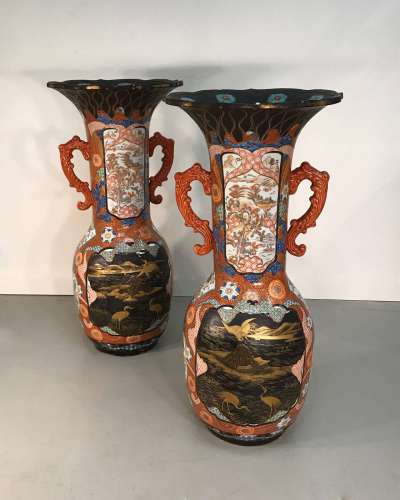 Pair Of Japanese Ceramic Vases Circa 1860/80 With Lacquered Details Amazing Size & Quality