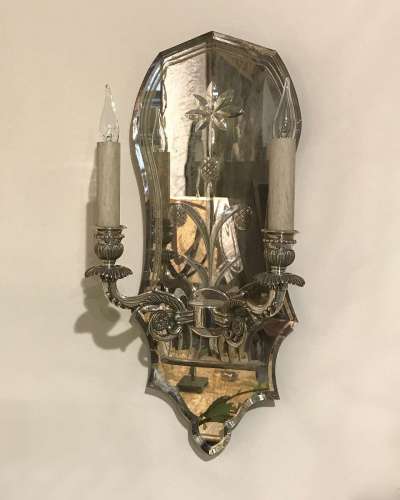 Pair Of Mirror Backed Wall Lights With Silver Plated Bronze Arms