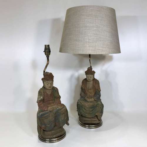 Pair Of Medium Green & Blue Painted Wooden Chinese Figures Converted To Lamps