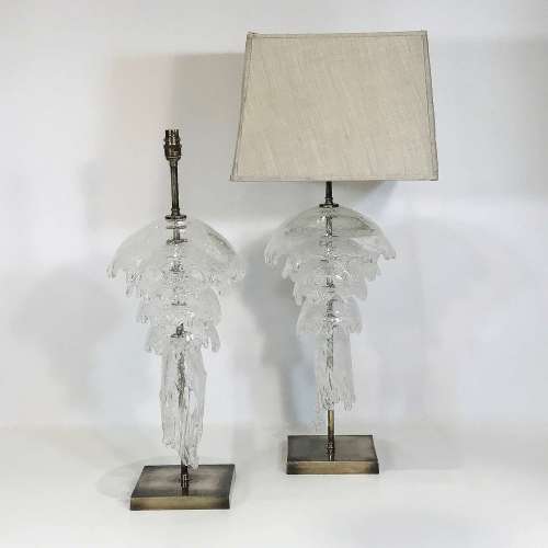 Pair Of Large Glass Clear "Jellyfish" Lamps On Antique Brass Bases