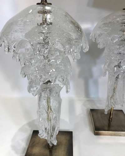 Pair Of Large Glass Clear "Jellyfish" Lamps On Antique Brass Bases