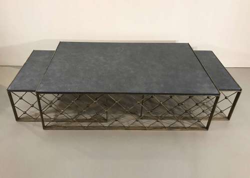 Nest Of Wrought Iron "Net" Coffee Tables In Antique Gold Finish With Painted Board Tops