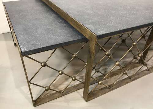 Nest Of Wrought Iron "Net" Coffee Tables In Antique Gold Finish With Painted Board Tops