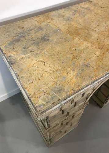 Very Interesting English Painted Pine "Castle" Desk With Sienna Marble Top Circa 1890