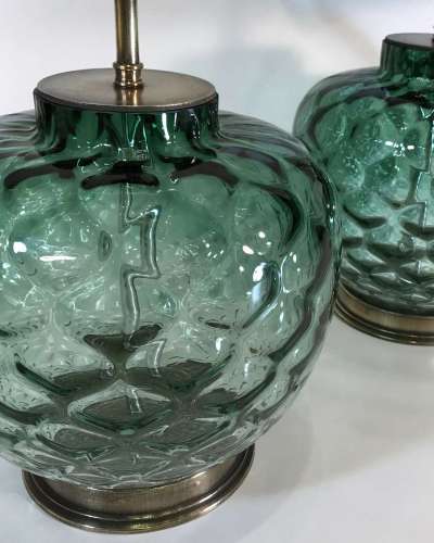 Pair Of Small Green Glass Lamps On Antique Brass Bases