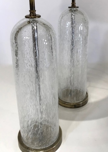 Pair Of Tall Clear Glass 'dome' Lamps On Round Antique Brass Bases