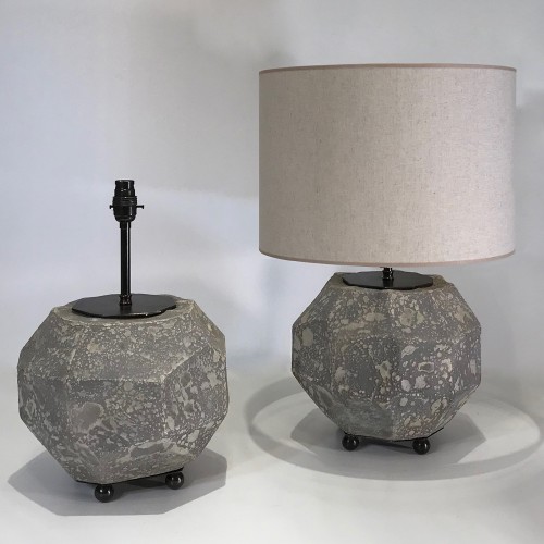 Pair Of Medium Ceramic Grey Textured Lamps On Brown Bronze Base With Ball Feet