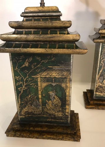 Pair Of Large Gold Green Chinoiserie Painted Wooden Lamps