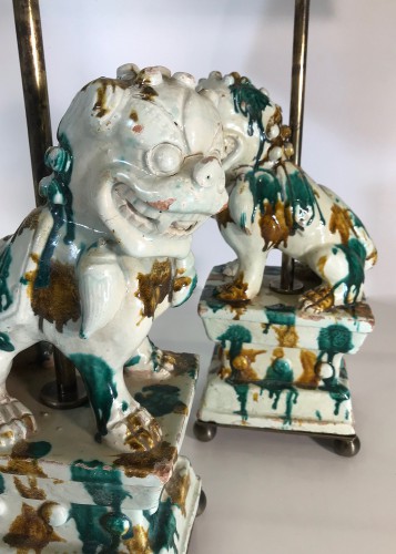 Pair Of Medium Green And Cream C1880 Chinese Ceramic Foo Dog Lamps On Antique Brass Bases