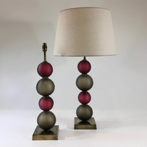 Pair Of Tall Cranberry And Olive Cut Glass Ball Lamps On Antique Brass Bases