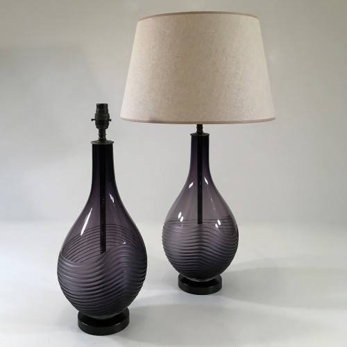 Pair Of Medium Violet Cut Glass 'helter-skelter Teardrop' Bubble Lamp On Round Antiqued Brass Bases