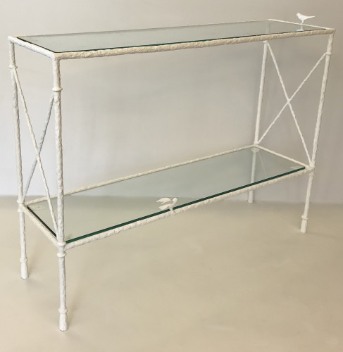 Textured Wrought Iron Small Two Tier Console Table With Glass Top Finished In Plaster White