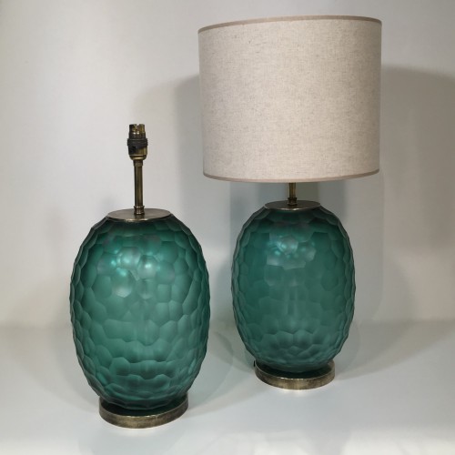 Pair Of Green Cut Handblown Glass Lamps