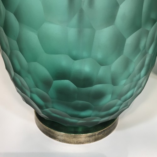 Pair Of Green Cut Handblown Glass Lamps