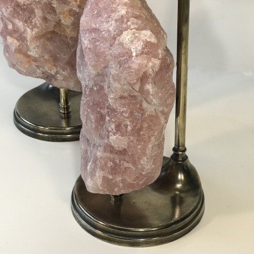 Pair Of Pink Quartz And Bronze Lamps With Antique Brass Finish