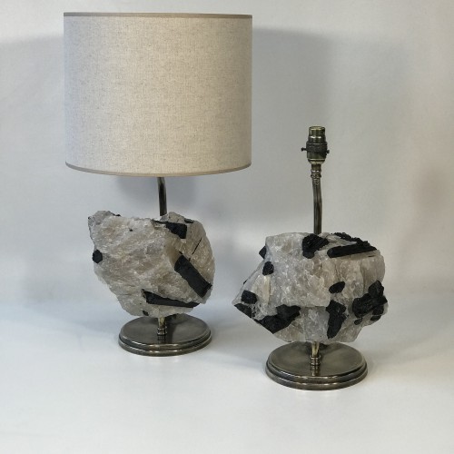 Pair Of Rock Crystal With Tourmaline And Bronze Lamps With Antique Brass Finish