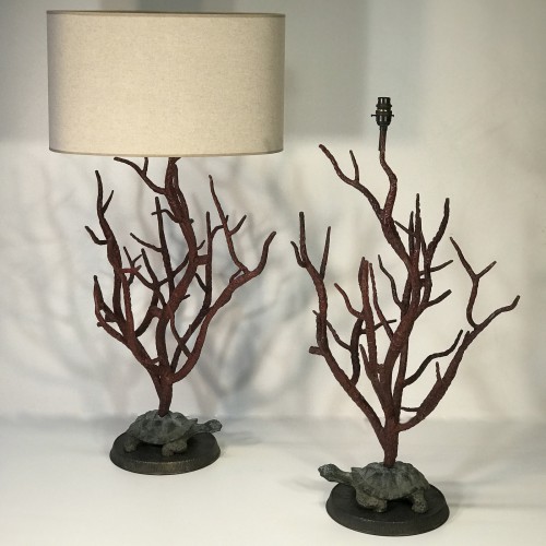 Pair Of Wrought Iron And Bronze Coral And Turtle Lamps