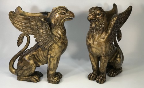 Pair Of 19th Century English Carved And Gilded Griffins (T5029)