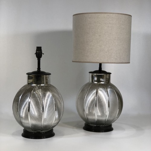 Pair Of Silver Etched Lamps On Dark Bronze Brass Bases