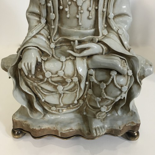 Pair Of Large Hint Of Blue Ceramic Buddhas On Shaped Distressed Brass Bases