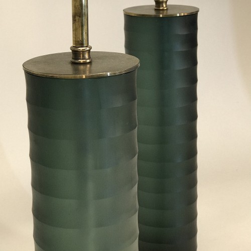 Pair Of Small Green/Grey Cut Glass 'rolo' Lamps On Antique Brass Bases