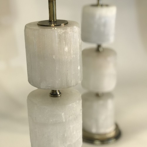 Pair Of Medium Selenite 'stack' Lamps On Stepped Antique Brass Bases