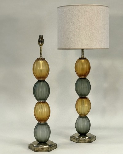Pair Of Large Amber And Grey Cut Glass Lamps On Antique Brass Bases