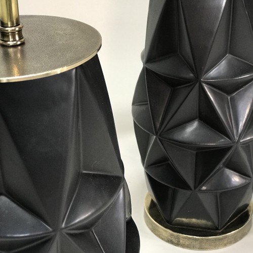 Pair Of Medium Black Ceramic Geometric Lamps On Antique Brass Bases