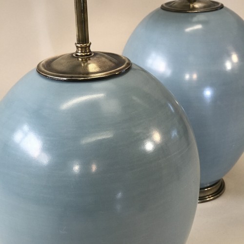 Pair Of Medium Blue Ceramic 'balloon' Lamps On Antique Brass Bases