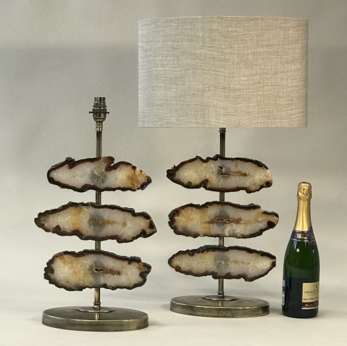 Pair Of Small Brown Agate Disc Lamps On Antique Brass Bases