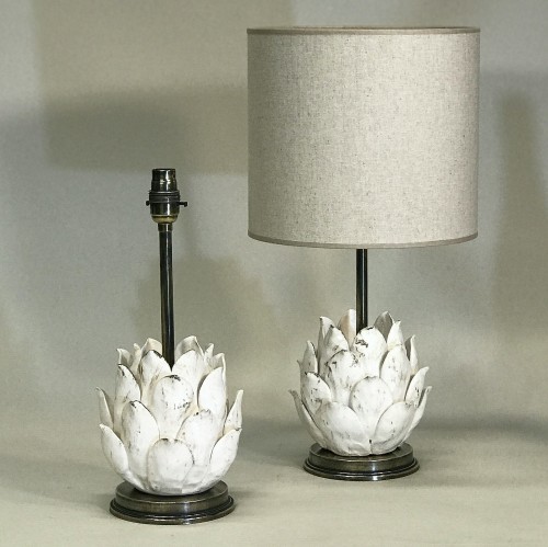 Pair Of Small Cream Ceramic Artichoke Lamps On Antique Brass Bases
