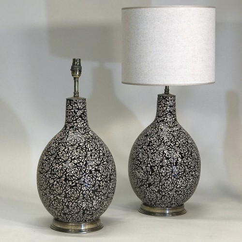 Pair Of Medium Black Ceramic Lamps With Balloon Shape Intricate Glaze Pattern