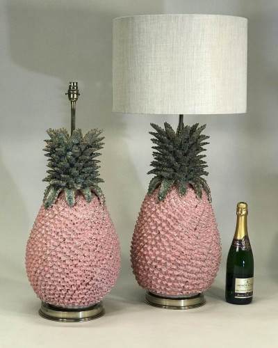 Pair Of Large Pink Ceramic Pineapple Lamps On Antique Brass Bases (very Heavy)