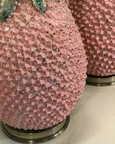Pair Of Large Pink Ceramic Pineapple Lamps On Antique Brass Bases (very Heavy)