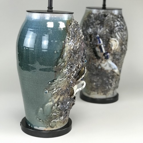 Pair Of Unique Medium Blue Brown Ceramic 'ocean Floor' Lamps With Brown Bronze Bases