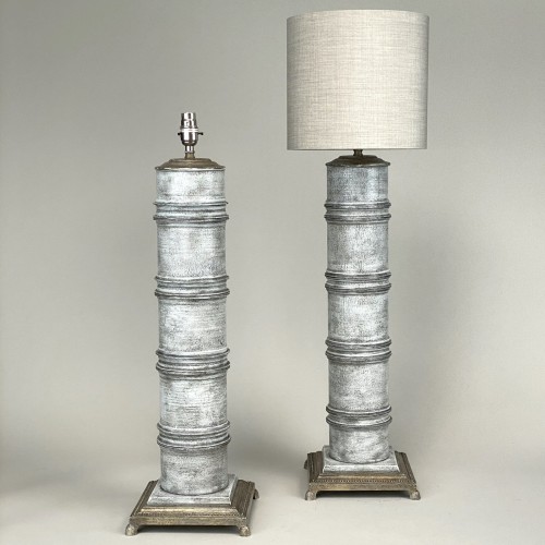 Pair Of Large Silver Grey 'column' Lamps With Square Antique Brass Bases