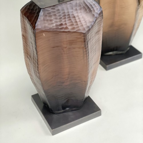 Pair Of Medium Brown Textured Glass Lamps With Square Brown Bronze Bases