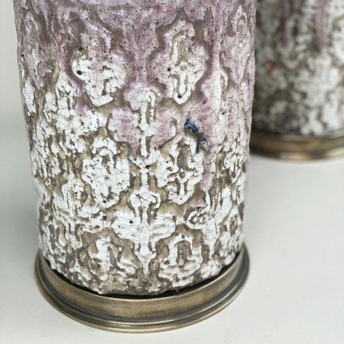 Pair Of Small 'crackle' Purple / Cream Painted Ceramic Lamps With Antique Brass Bases