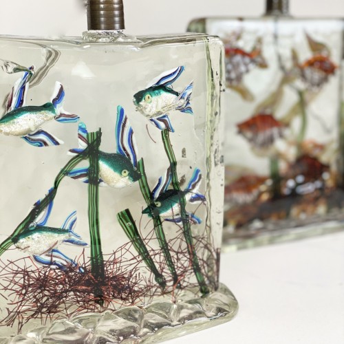 Pair Of Glass 1950s Alfredo Barbini Venetian 'aquarium ' Lamps With Antique Brass