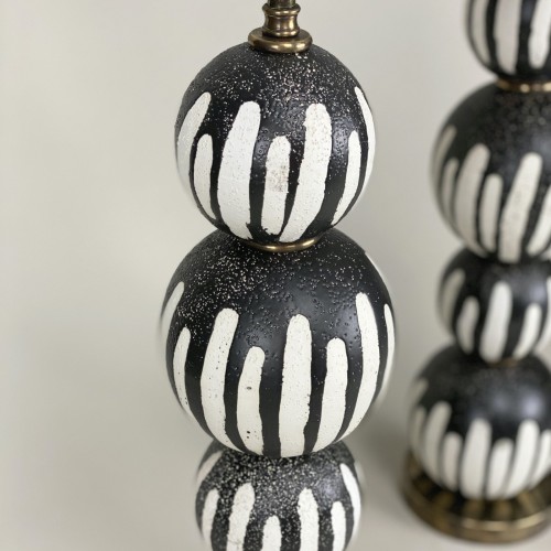 Pair Of Black And White 'drip' Stacked Ceramic Ball Lamps With Antique Brass Bases